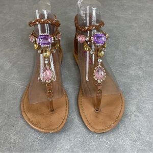 UNIONBAY Tan Sandals with Purple and Pink “Jewel”  Accents